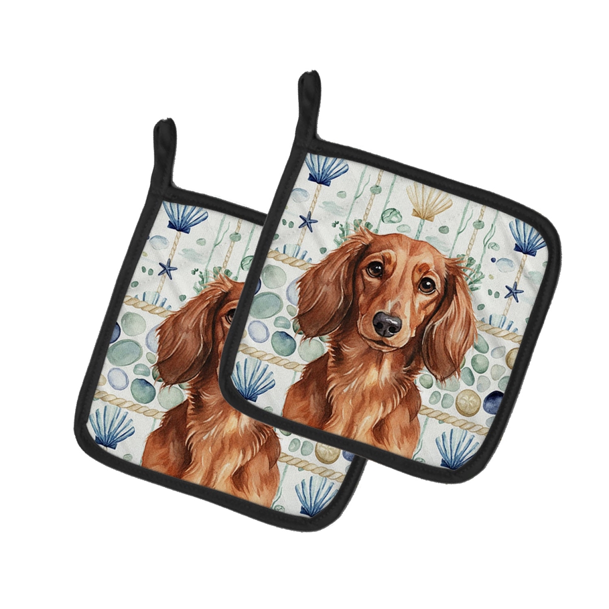 Picture of Carolines Treasures WDK6999PTHD 7.5 x 7.5 in. Longhaired Red Dachshund Coastal Sea Glass Pair of Pot Holders