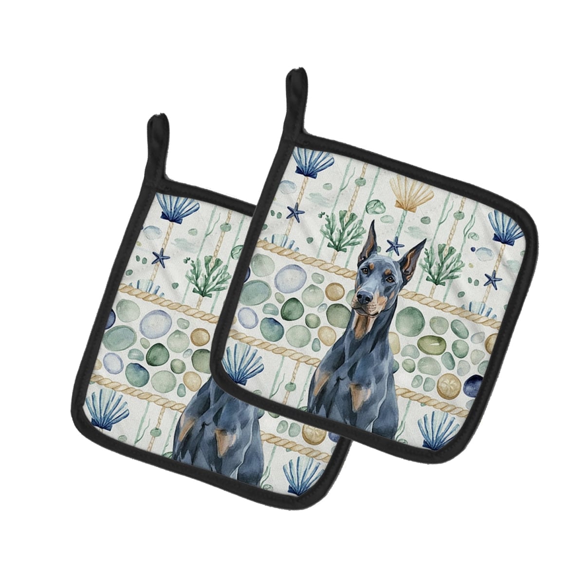 Picture of Carolines Treasures WDK7006PTHD 7.5 x 7.5 in. Blue Doberman Pinscher Coastal Sea Glass Pair of Pot Holders