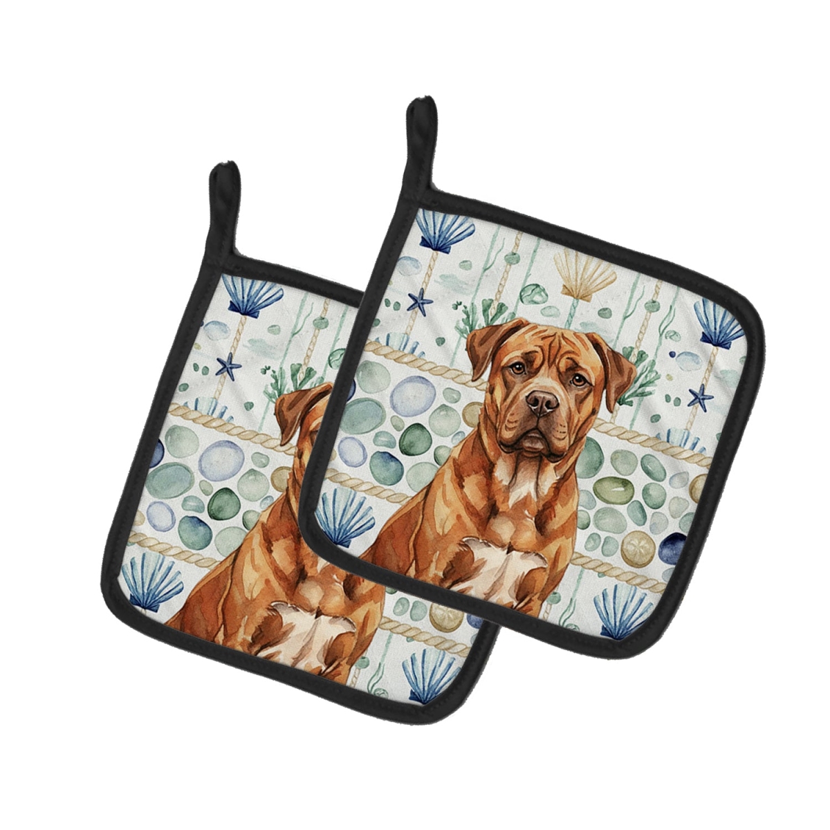Picture of Carolines Treasures WDK7013PTHD 7.5 x 7.5 in. Mahogany Dogue de Bordeaux Coastal Sea Glass Pair of Pot Holders