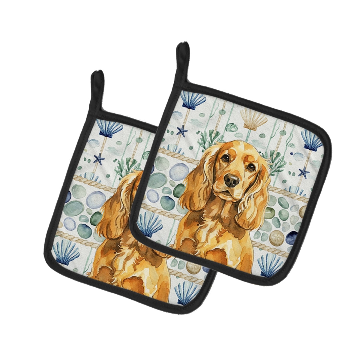 Picture of Carolines Treasures WDK7018PTHD 7.5 x 7.5 in. Golden English Cocker Spaniel Coastal Sea Glass Pair of Pot Holders