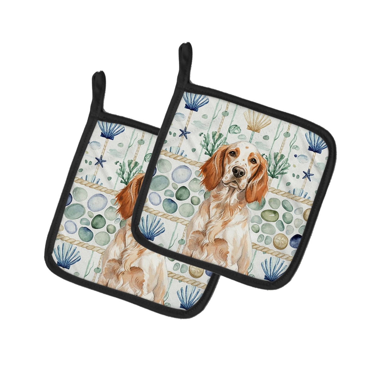 Picture of Carolines Treasures WDK7030PTHD 7.5 x 7.5 in. Orange Belton English Setter Coastal Sea Glass Pair of Pot Holders