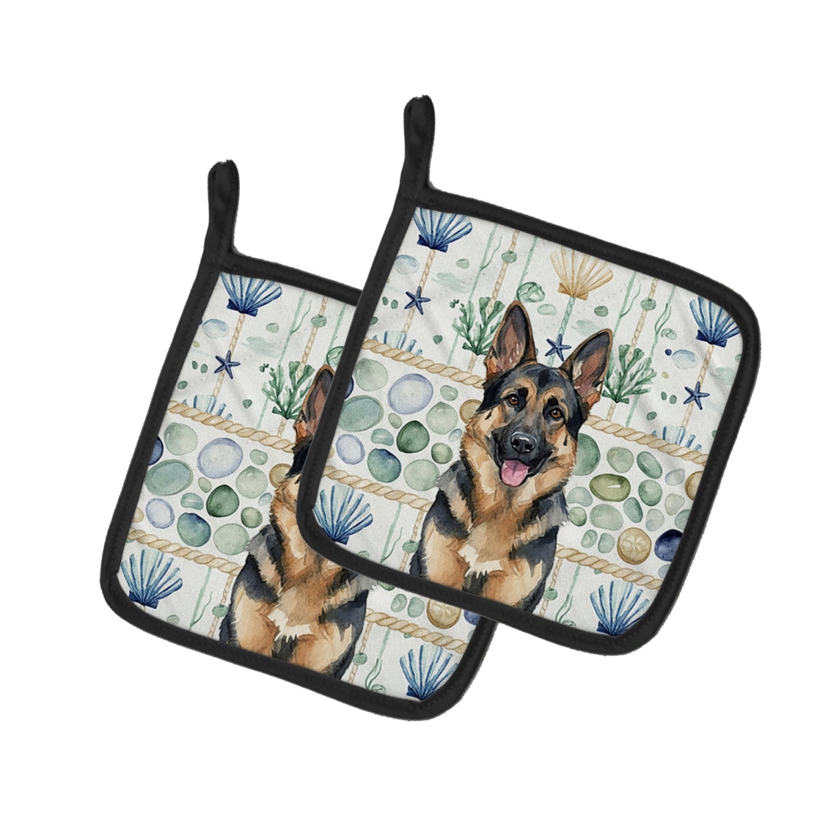 Picture of Carolines Treasures WDK7046PTHD 7.5 x 7.5 in. German Shepherd Coastal Sea Glass Pair of Pot Holders