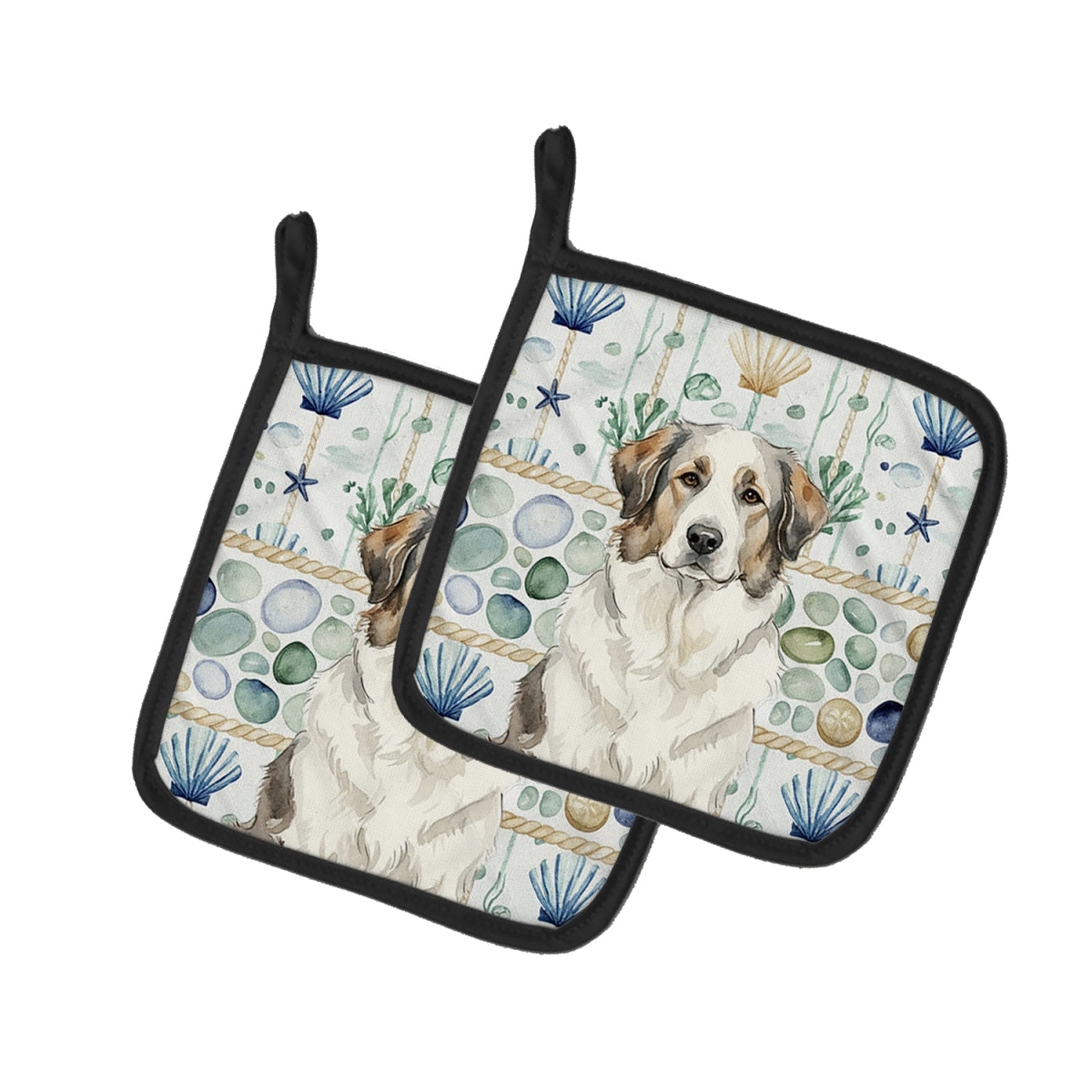 Picture of Carolines Treasures WDK7056PTHD 7.5 x 7.5 in. Decal Great Pyrenees Coastal Sea Glass Pair of Pot Holders