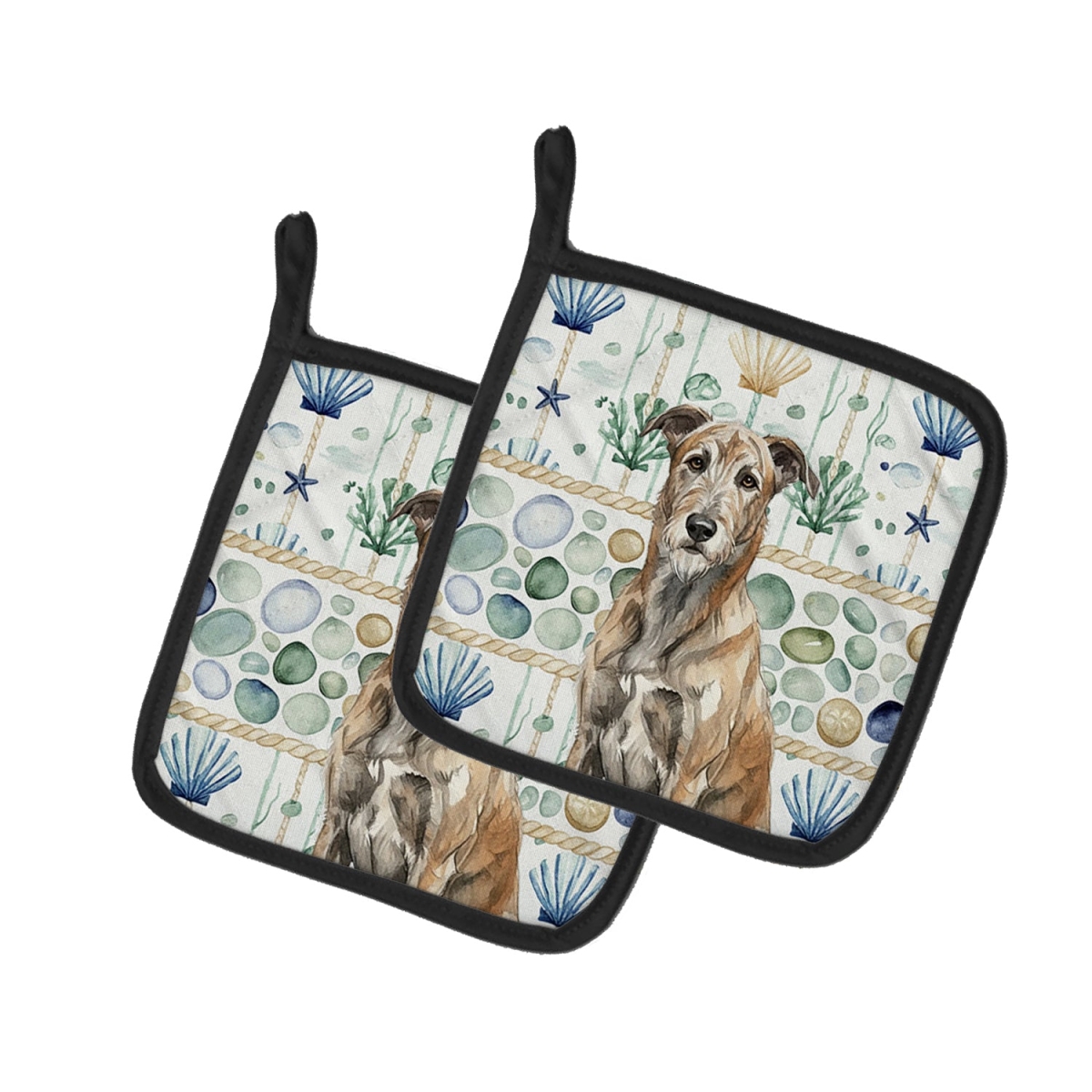 Picture of Carolines Treasures WDK7074PTHD 7.5 x 7.5 in. Brindle Irish Wolfhound Coastal Sea Glass Pair of Pot Holders