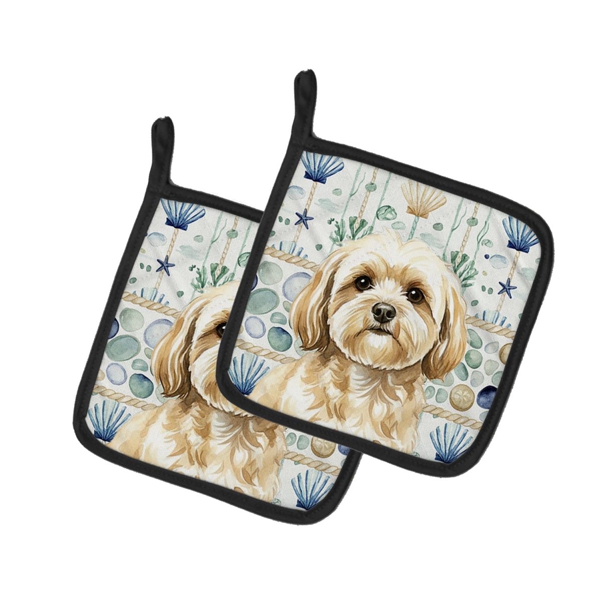 Picture of Carolines Treasures WDK7102PTHD 7.5 x 7.5 in. Cream Lhasa Apso Coastal Sea Glass Pair of Pot Holders