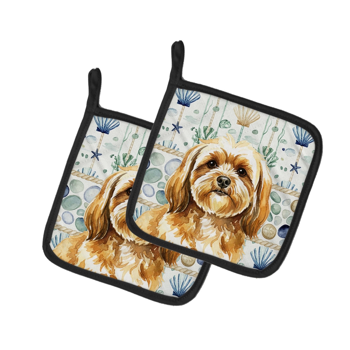 Picture of Carolines Treasures WDK7103PTHD 7.5 x 7.5 in. Gold Lhasa Apso Coastal Sea Glass Pair of Pot Holders