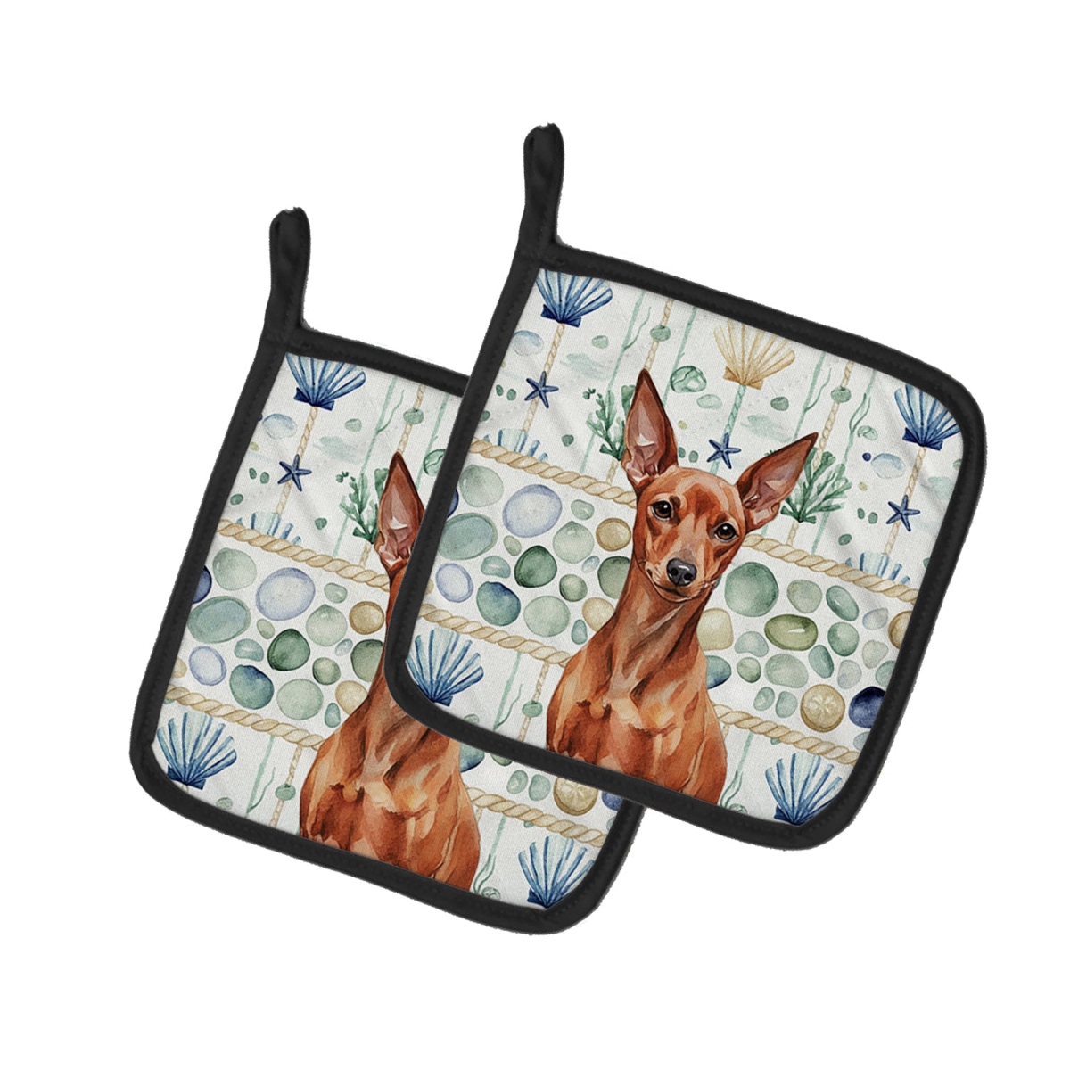 Picture of Carolines Treasures WDK7116PTHD 7.5 x 7.5 in. Red Miniature Pinscher Min Pin Coastal Sea Glass Pair of Pot Holders