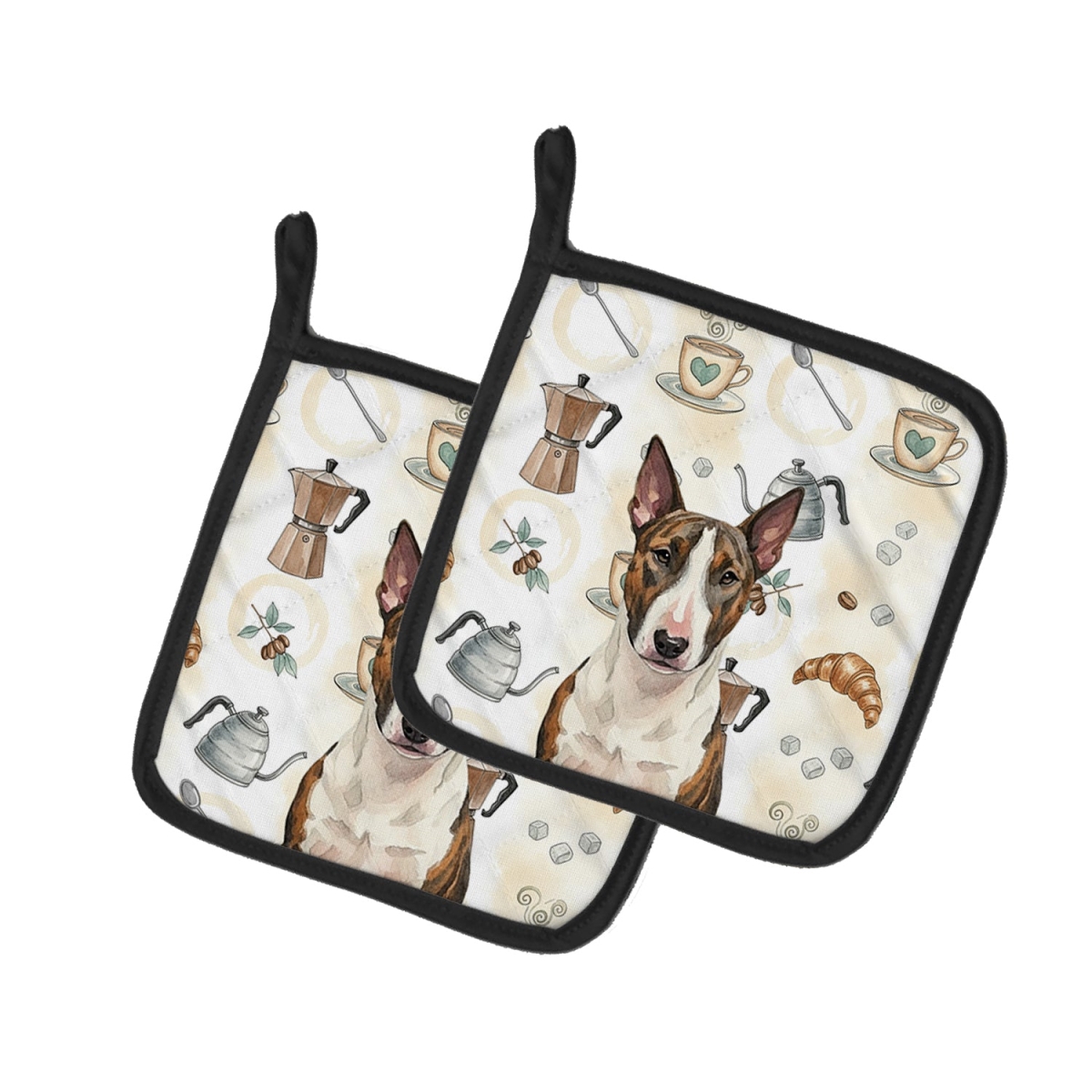 Picture of Carolines Treasures WDK7349PTHD 7.5 x 7.5 in. Brindle & White Bull Terrier Coffee Bar Pair of Pot Holders