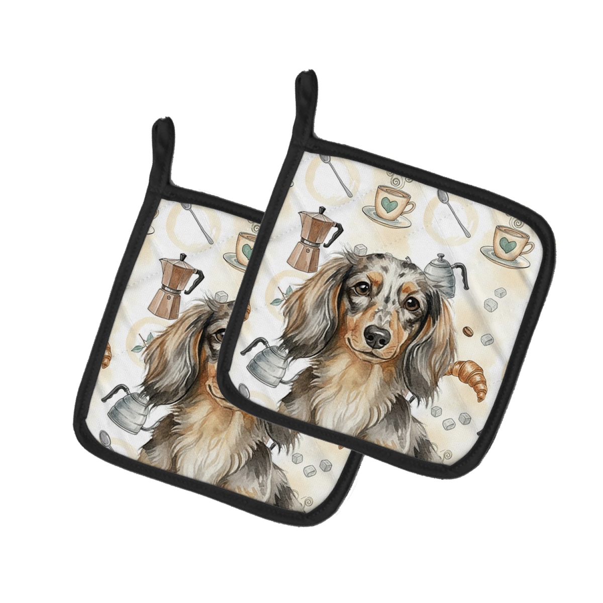 Picture of Carolines Treasures WDK7398PTHD 7.5 x 7.5 in. Longhaired Dapple Dachshund Coffee Bar Pair of Pot Holders
