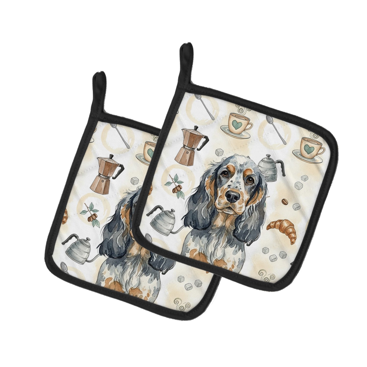 Picture of Carolines Treasures WDK7417PTHD 7.5 x 7.5 in. Blue Roan & Tan English Cocker Spaniel Coffee Bar Pair of Pot Holders