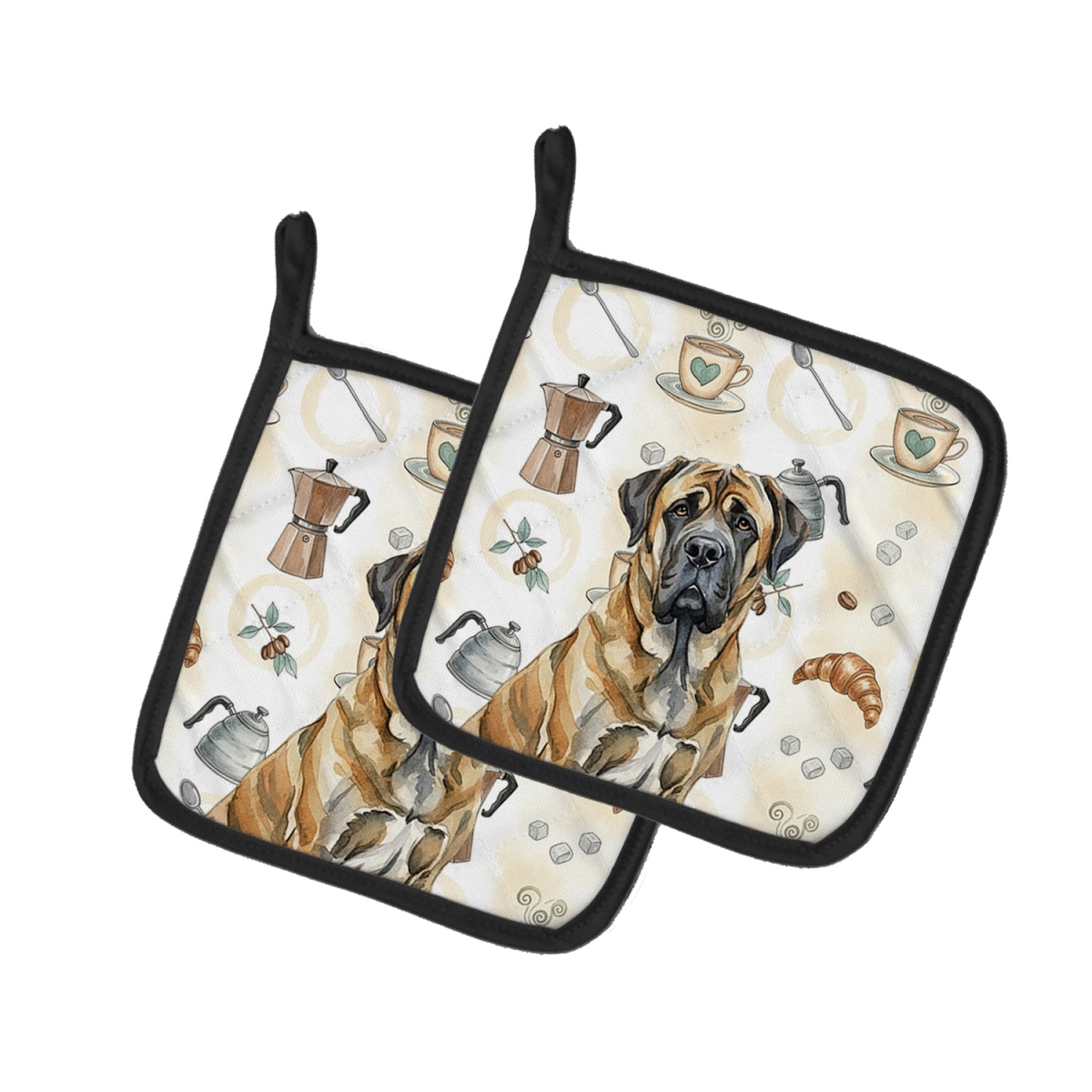 Picture of Carolines Treasures WDK7425PTHD 7.5 x 7.5 in. Brindle English Mastiff Coffee Bar Pair of Pot Holders