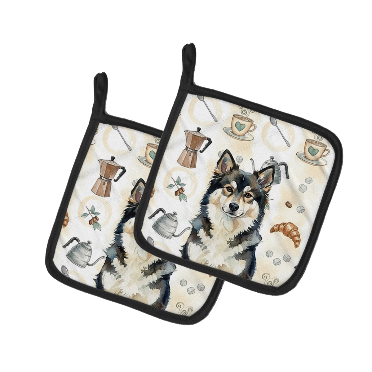 Picture of Carolines Treasures WDK7437PTHD 7.5 x 7.5 in. Finnish Lapp Hund Coffee Bar Pair of Pot Holders