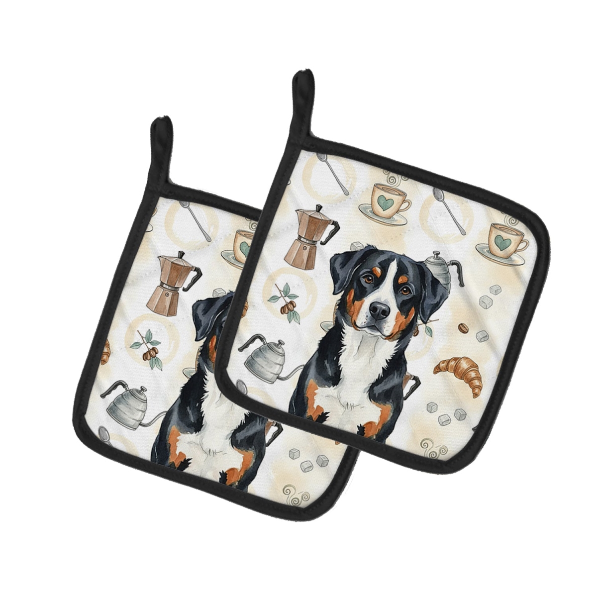 Picture of Carolines Treasures WDK7459PTHD 7.5 x 7.5 in. Greater Swiss Mountain Dog Coffee Bar Pair of Pot Holders