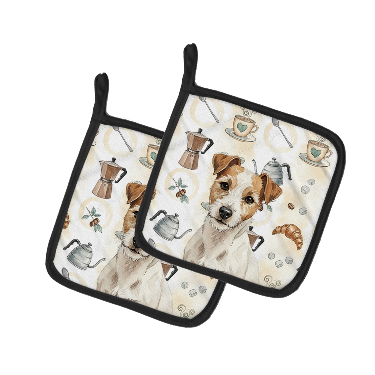 Picture of Carolines Treasures WDK7590PTHD 7.5 x 7.5 in. White with Tan Markings Russell Terrier Coffee Bar Pair of Pot Holders