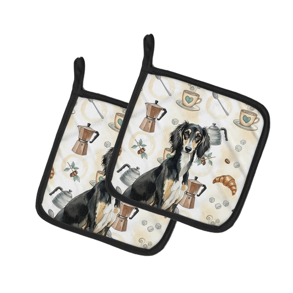 Picture of Carolines Treasures WDK7594PTHD 7.5 x 7.5 in. Black & Tan Saluki Coffee Bar Pair of Pot Holders