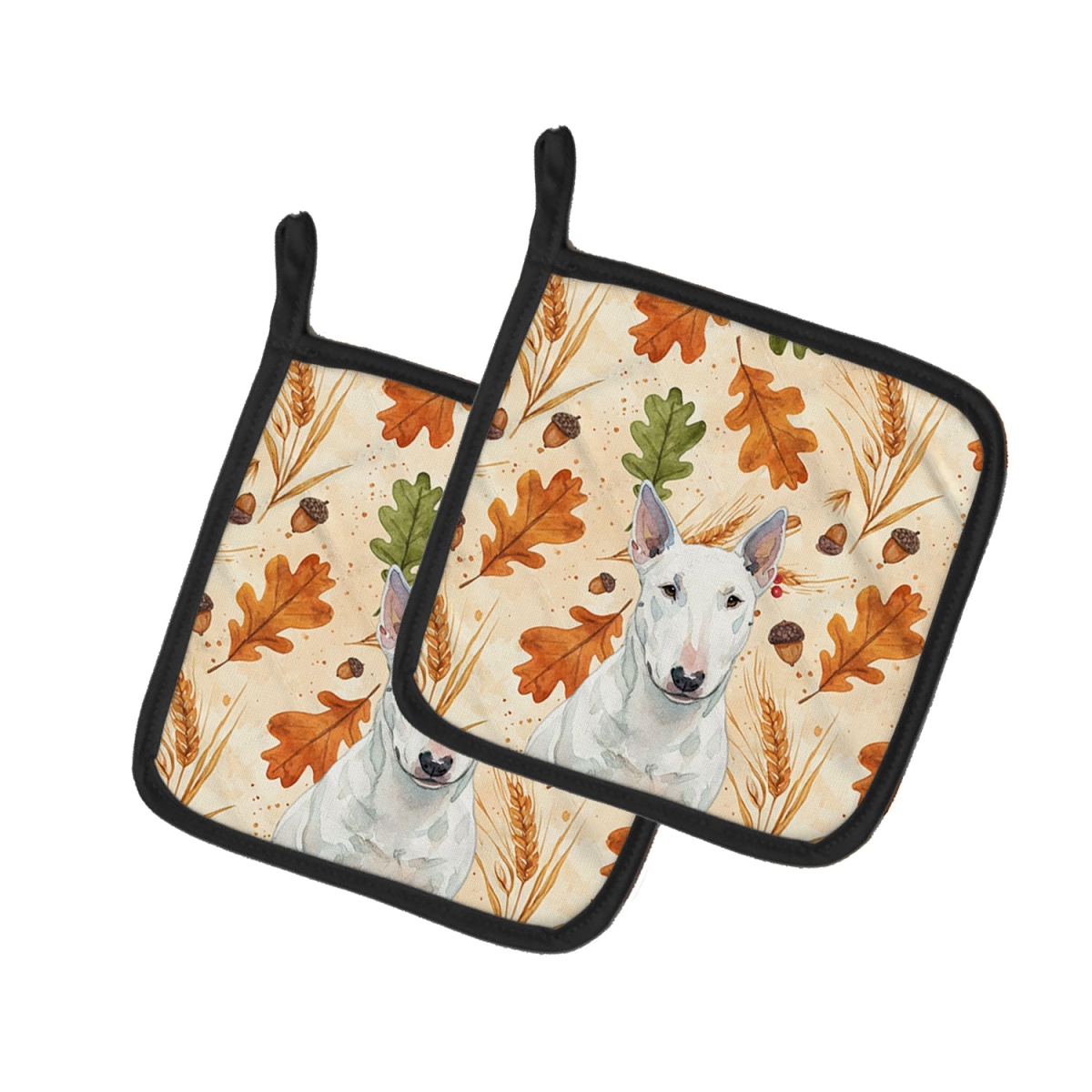 Picture of Carolines Treasures WDK7913PTHD 7.5 x 7.5 in. White Miniature Bull Terrier Heirloom Fall Pair of Pot Holders