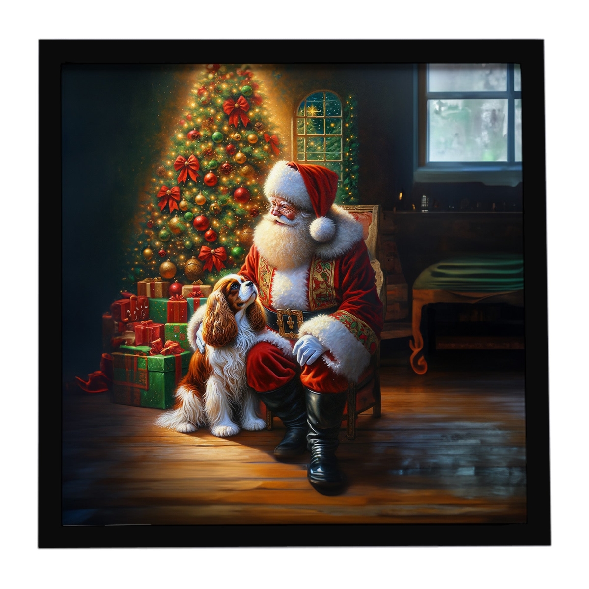DAC4089MFP88 8 x 8 in. Cavalier Spaniel & Santa Claus Framed Metal Print