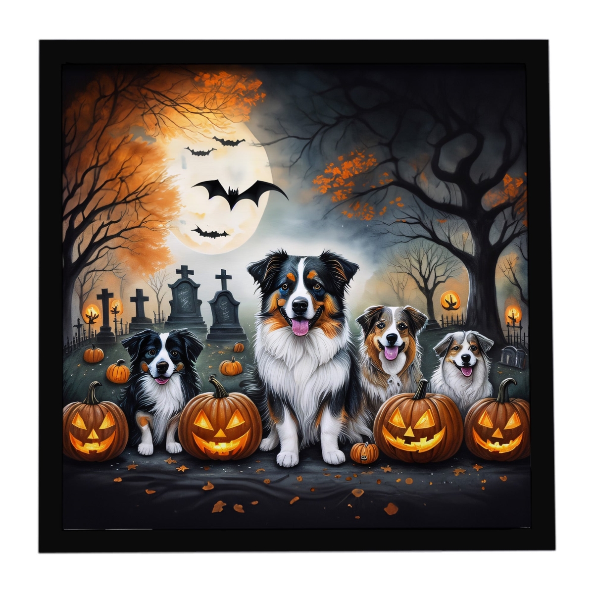 DAC2009MFP88 8 x 8 in. Australian Shepherd Spooky Halloween Framed Metal Print