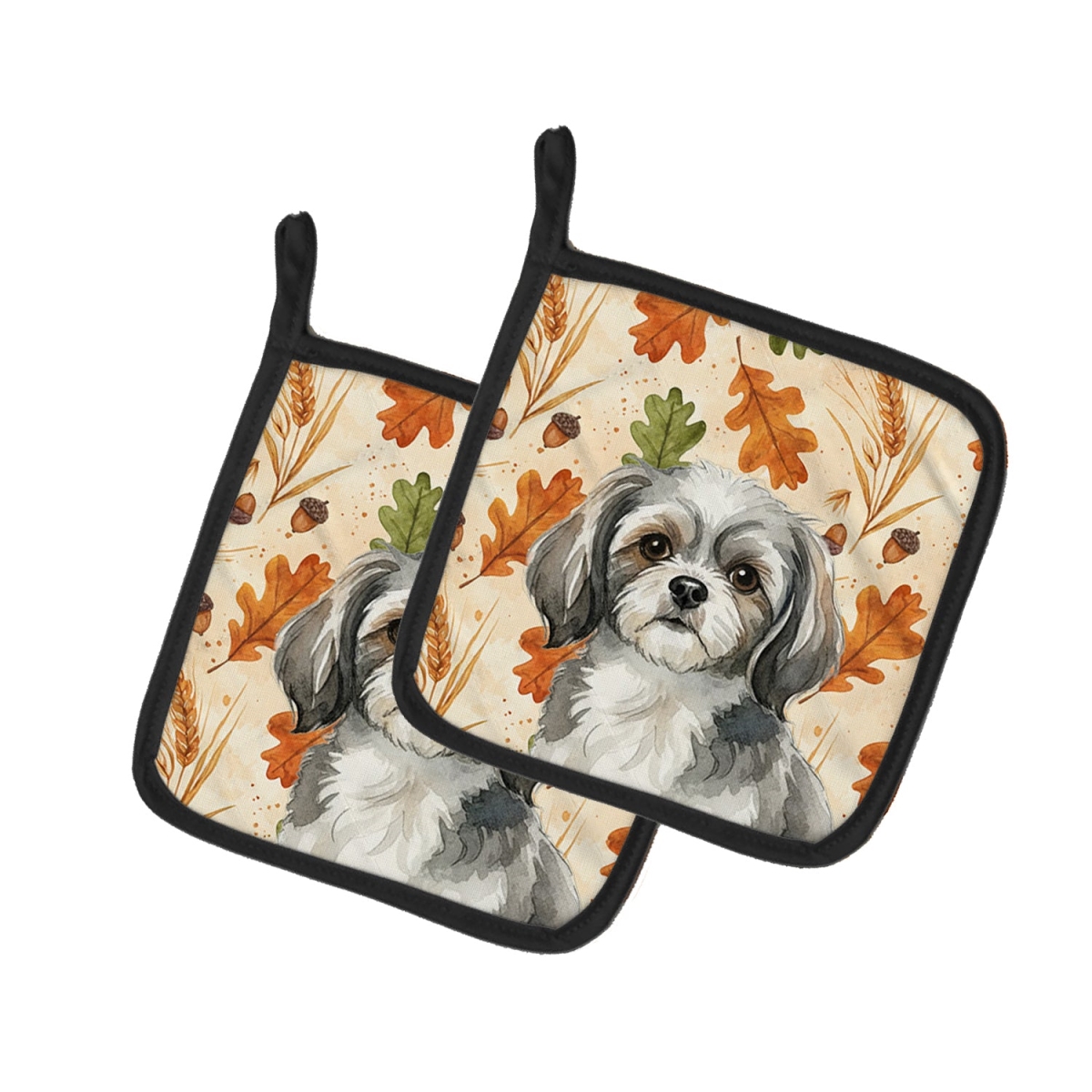 Picture of Carolines Treasures WDK8041PTHD 7.5 x 7.5 in. Gray & White Tibetan Spaniel Heirloom Fall Pair of Pot Holders