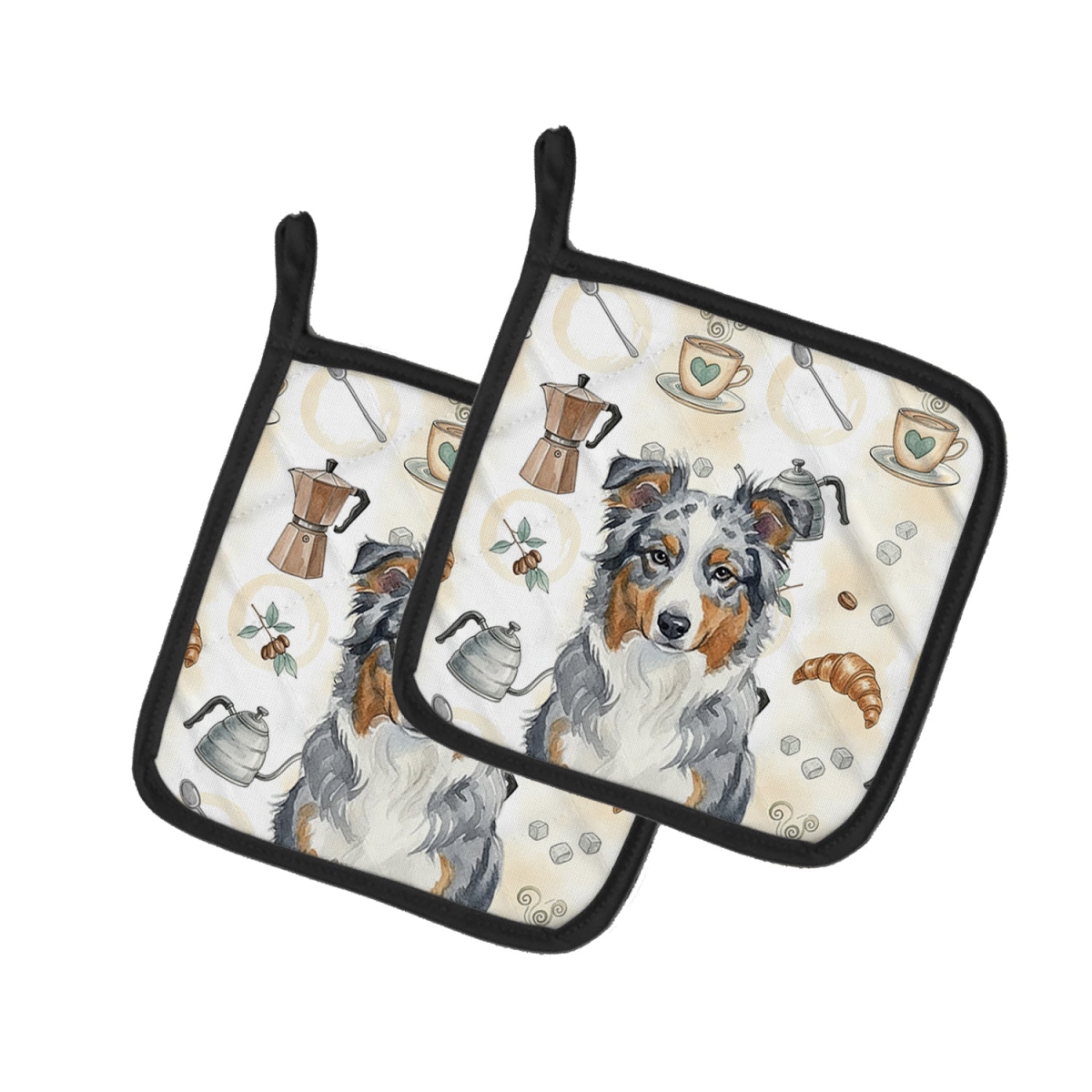Picture of Carolines Treasures WDK7280PTHD 7.5 x 7.5 in. Blue Merle American Shepherd Coffee Bar Pair of Pot Holders