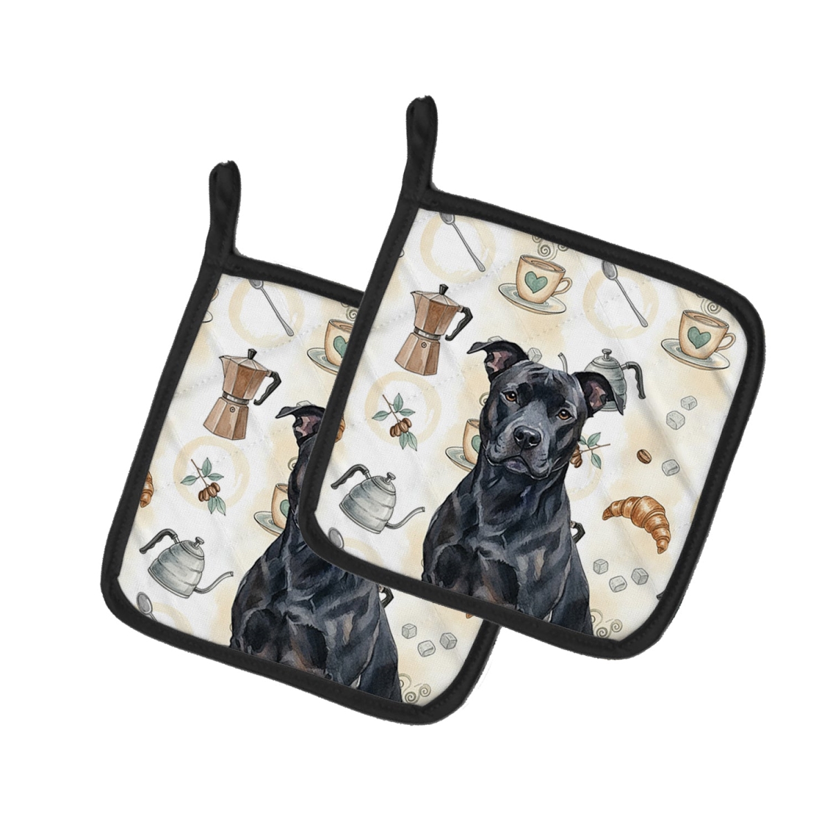 Picture of Carolines Treasures WDK7281PTHD 7.5 x 7.5 in. Black American Staffordshire Terrier Coffee Bar Pair of Pot Holders