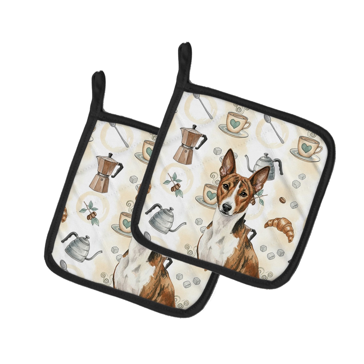 Picture of Carolines Treasures WDK7293PTHD 7.5 x 7.5 in. Brindle & White Basenji Coffee Bar Pair of Pot Holders