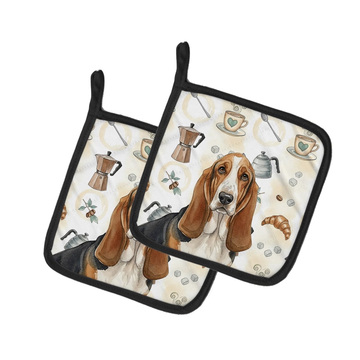 Picture of Carolines Treasures WDK7298PTHD 7.5 x 7.5 in. Tricolor & White Basset Hound Coffee Bar Pair of Pot Holders