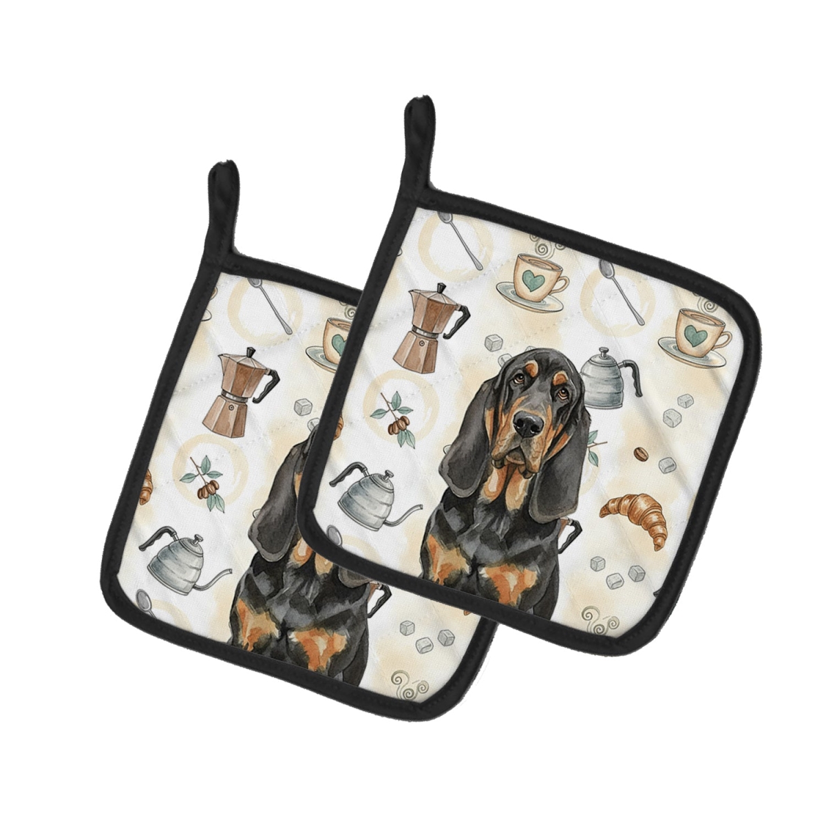 Picture of Carolines Treasures WDK7317PTHD 7.5 x 7.5 in. Black & Tan Bloodhound Coffee Bar Pair of Pot Holders