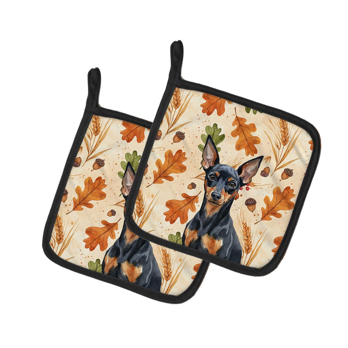 Picture of Carolines Treasures WDK7915PTHD 7.5 x 7.5 in. Black & Tan Miniature Pinscher Heirloom Fall Pair of Pot Holders