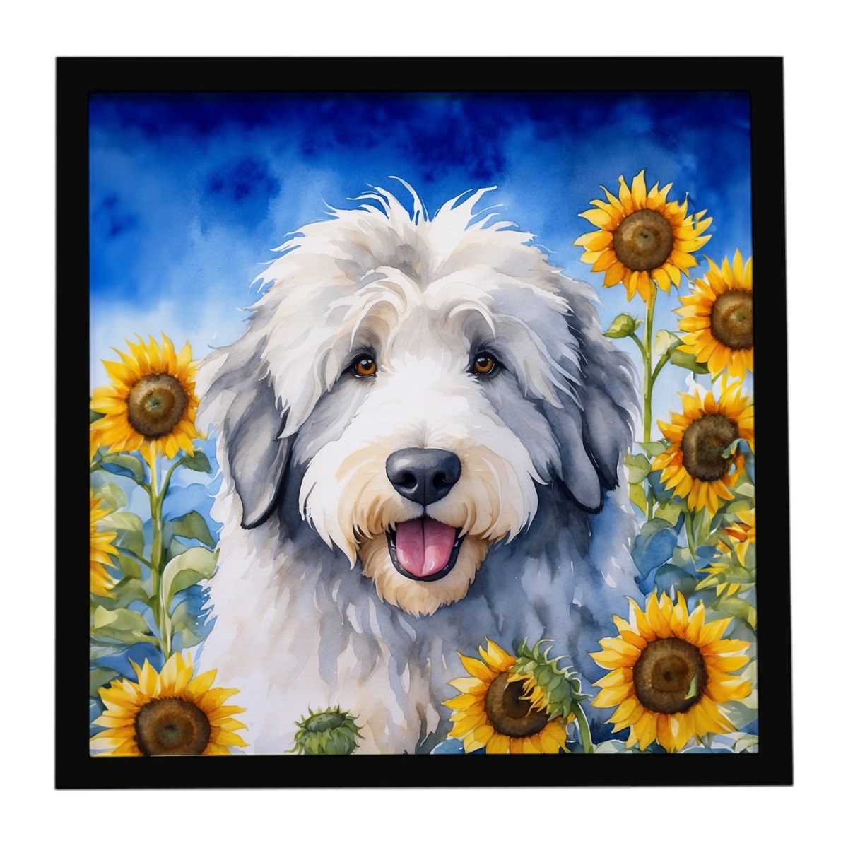 DAC6129MFP88 8 x 8 in. Old English Sheepdog in Sunflowers Framed Metal Print