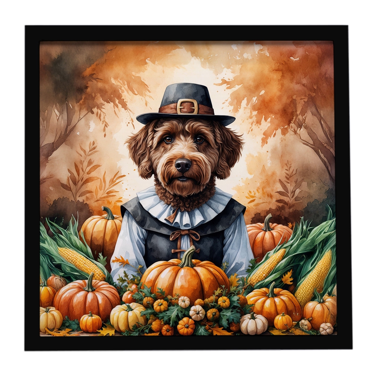 DAC8319MFP88 8 x 8 in. Chocolate Labradoodle Thanksgiving Framed Metal Print