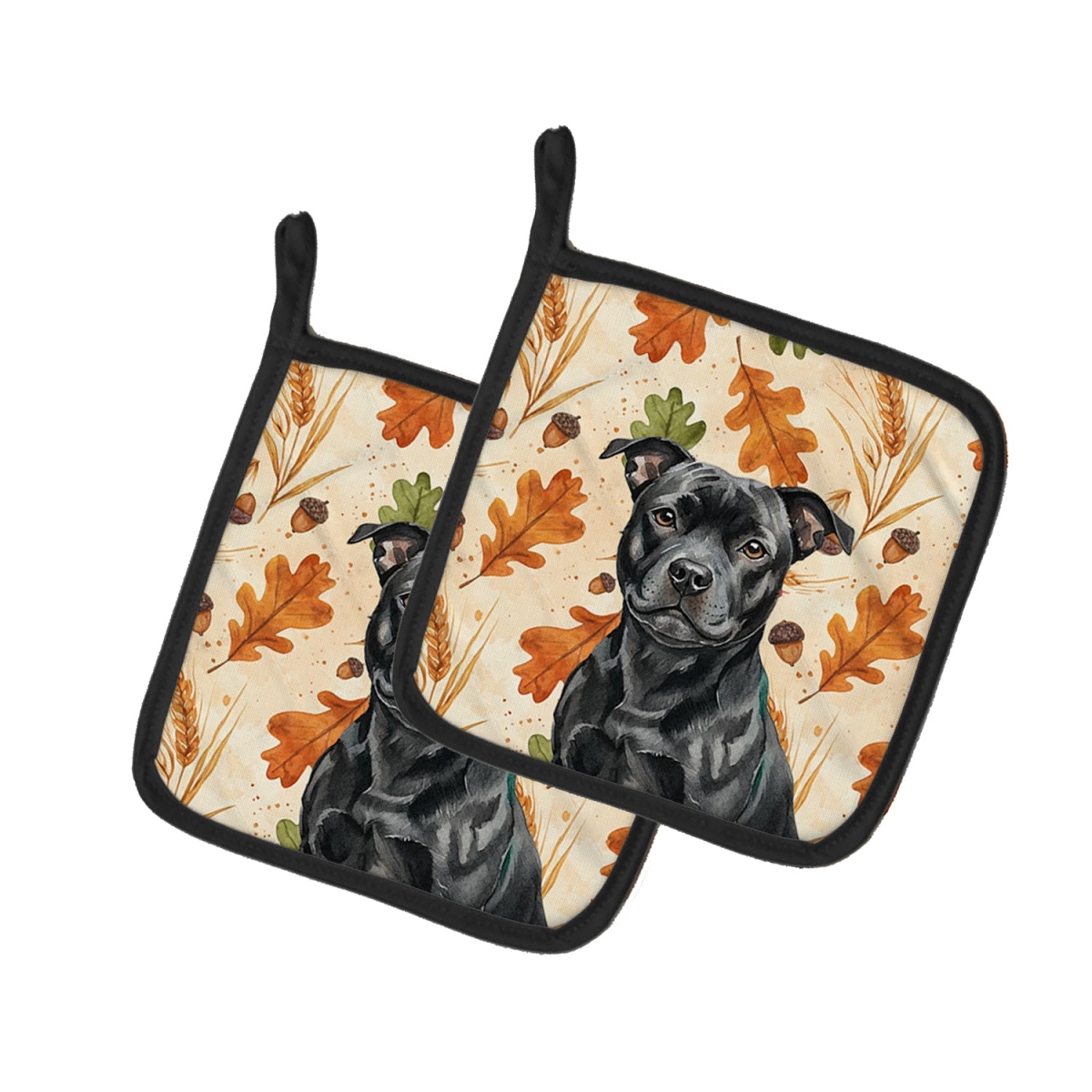 Picture of Carolines Treasures WDK8028PTHD 7.5 x 7.5 in. Black Staffordshire Bull Terrier Heirloom Fall Pair of Pot Holders