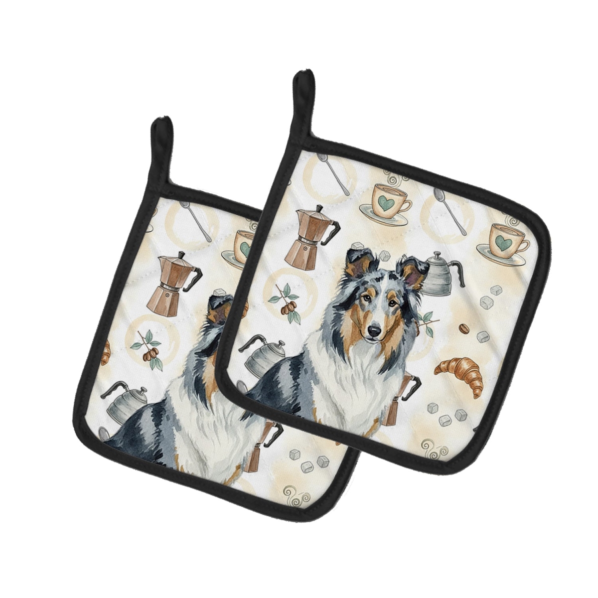 Picture of Carolines Treasures WDK7385PTHD 7.5 x 7.5 in. Blue Merle Collie Coffee Bar Pair of Pot Holders