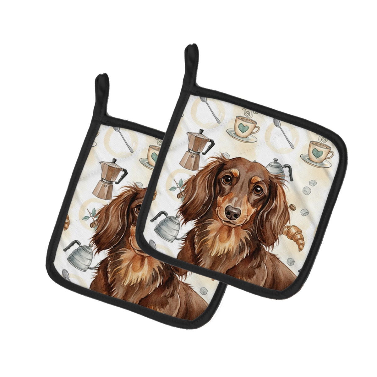 Picture of Carolines Treasures WDK7396PTHD 7.5 x 7.5 in. Longhaired Chocolate & Tan Dachshund Coffee Bar Pair of Pot Holders
