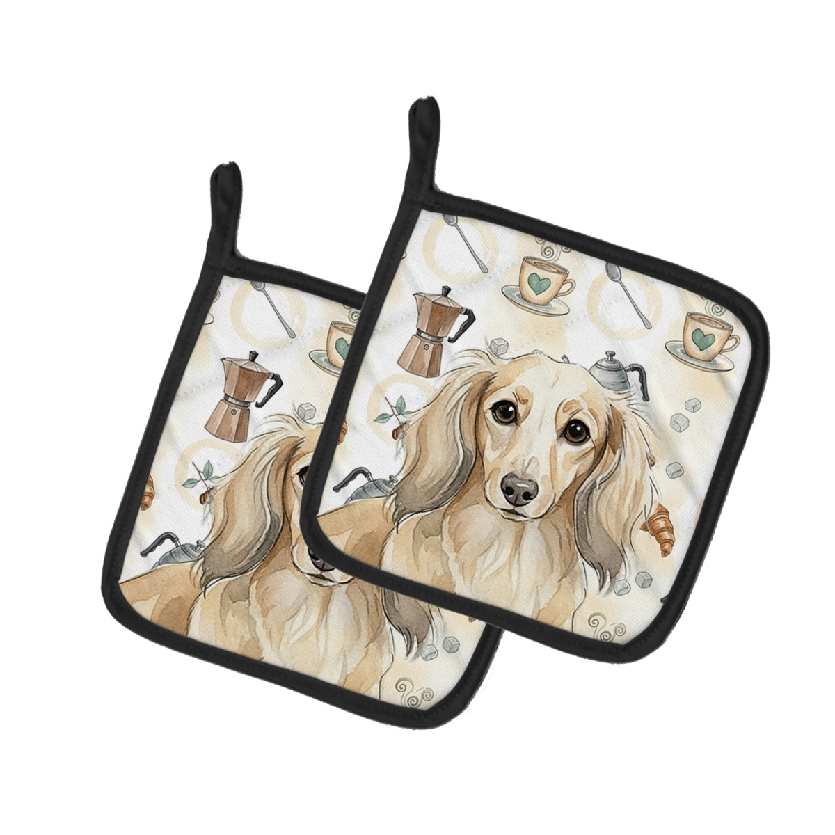 Picture of Carolines Treasures WDK7397PTHD 7.5 x 7.5 in. Longhaired Cream Dachshund Coffee Bar Pair of Pot Holders