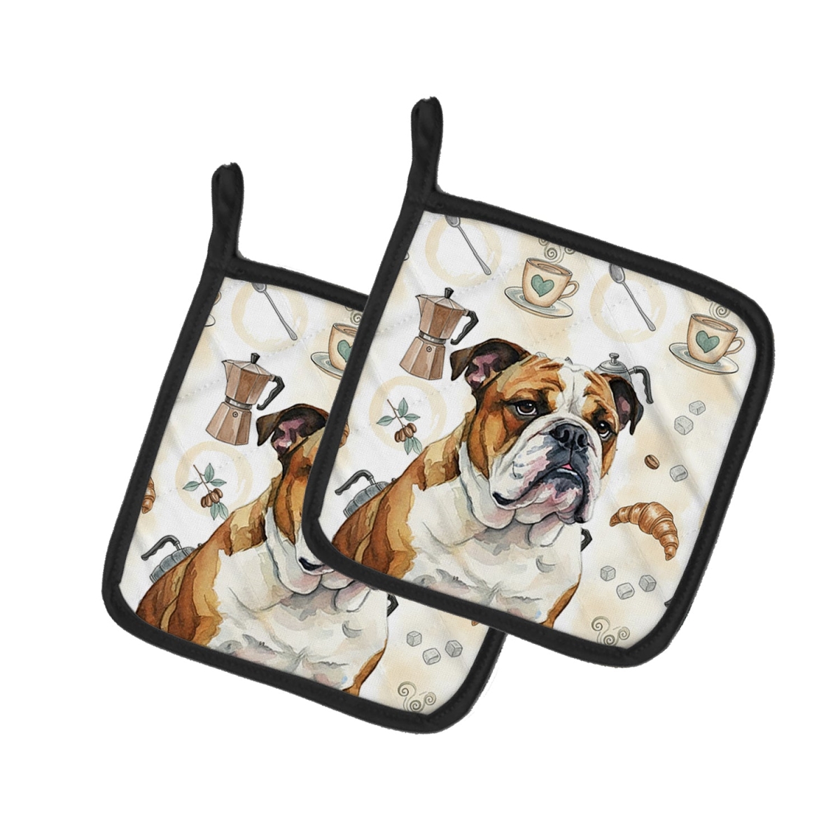Picture of Carolines Treasures WDK7414PTHD 7.5 x 7.5 in. Brindle & White English Bulldog Coffee Bar Pair of Pot Holders