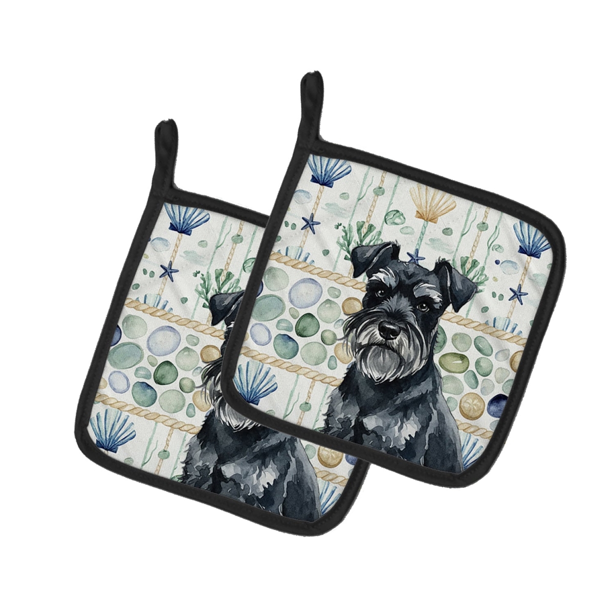 Picture of Carolines Treasures WDK7118PTHD 7.5 x 7.5 in. Black Miniature Schnauzer Coastal Sea Glass Pair of Pot Holders
