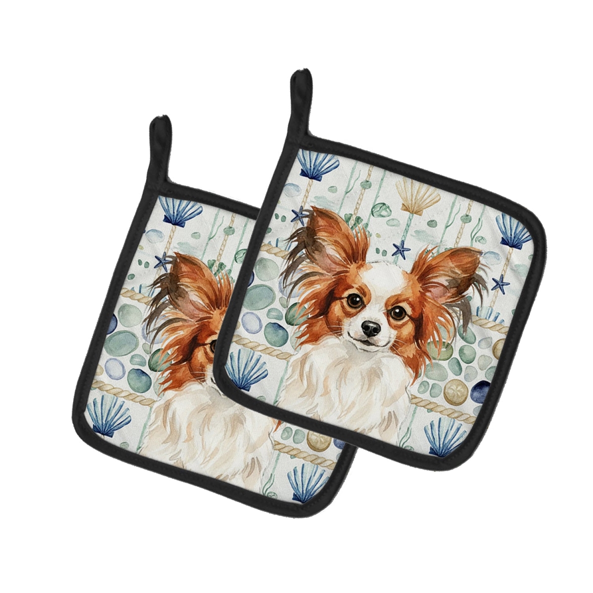 Picture of Carolines Treasures WDK7144PTHD 7.5 x 7.5 in. White with Red Papillon Coastal Sea Glass Pair of Pot Holders
