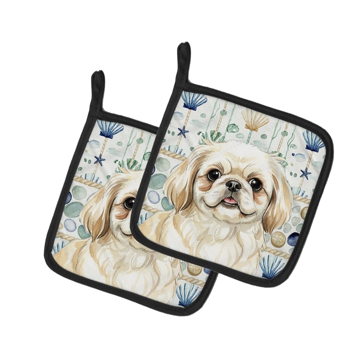 Picture of Carolines Treasures WDK7149PTHD 7.5 x 7.5 in. Cream Pekingese Coastal Sea Glass Pair of Pot Holders