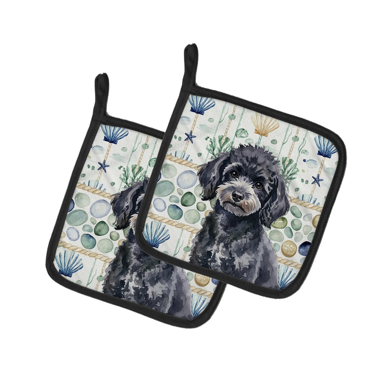 Picture of Carolines Treasures WDK7173PTHD 7.5 x 7.5 in. Toy Black Poodle Coastal Sea Glass Pair of Pot Holders