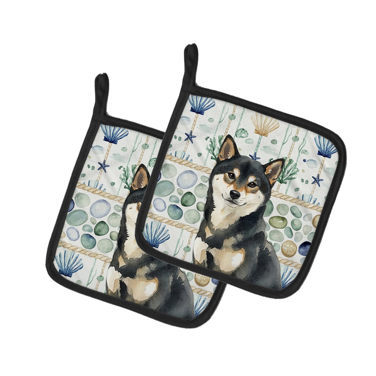Picture of Carolines Treasures WDK7213PTHD 7.5 x 7.5 in. Black & Tan Shiba Inu Coastal Sea Glass Pair of Pot Holders