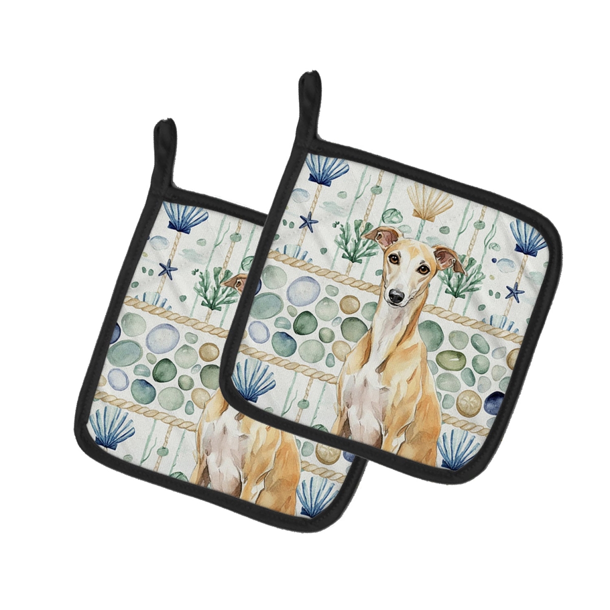 Picture of Carolines Treasures WDK7254PTHD 7.5 x 7.5 in. Fawn Whippet Coastal Sea Glass Pair of Pot Holders