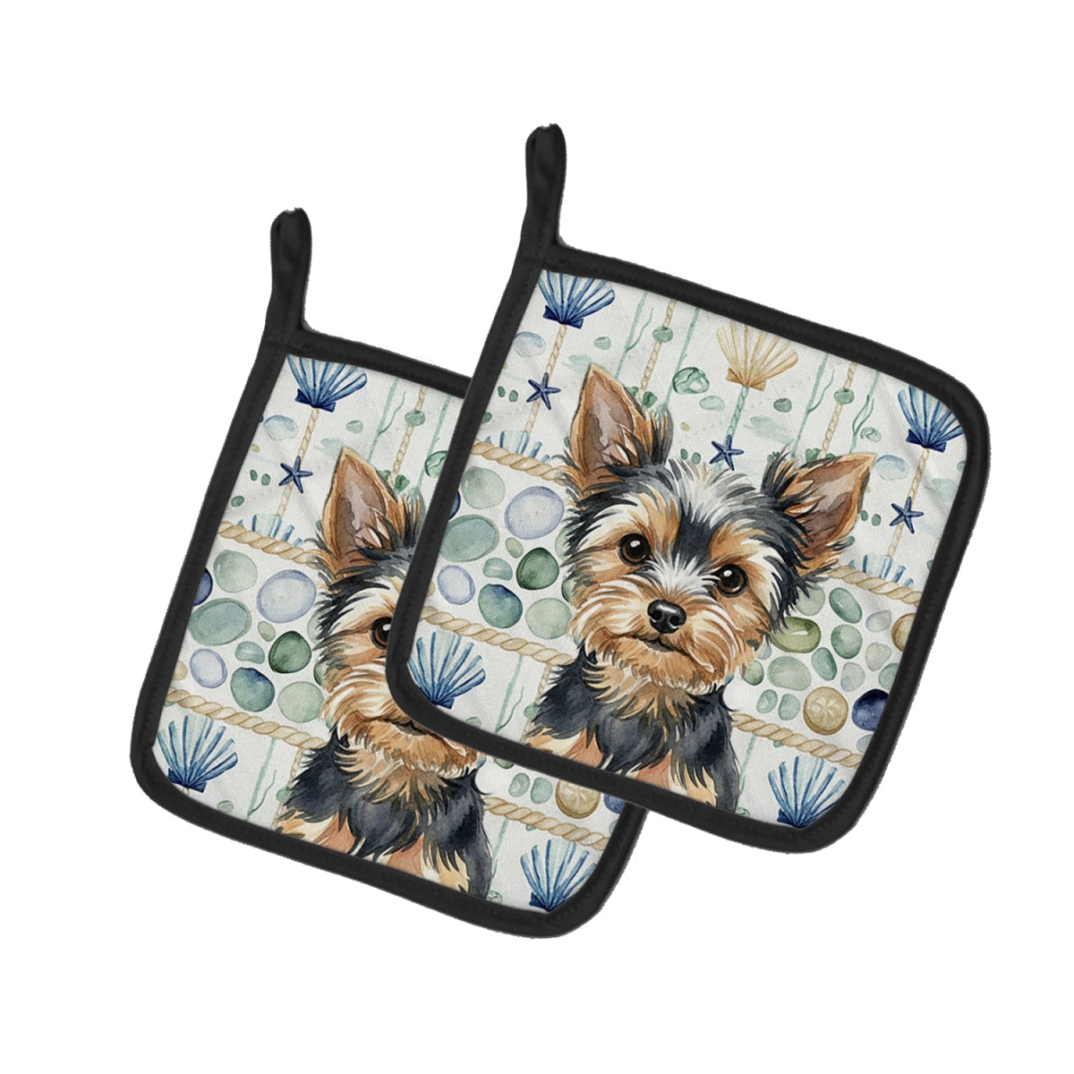 Picture of Carolines Treasures WDK7263PTHD 7.5 x 7.5 in. Black & Tan Yorkshire Terrier Coastal Sea Glass Pair of Pot Holders