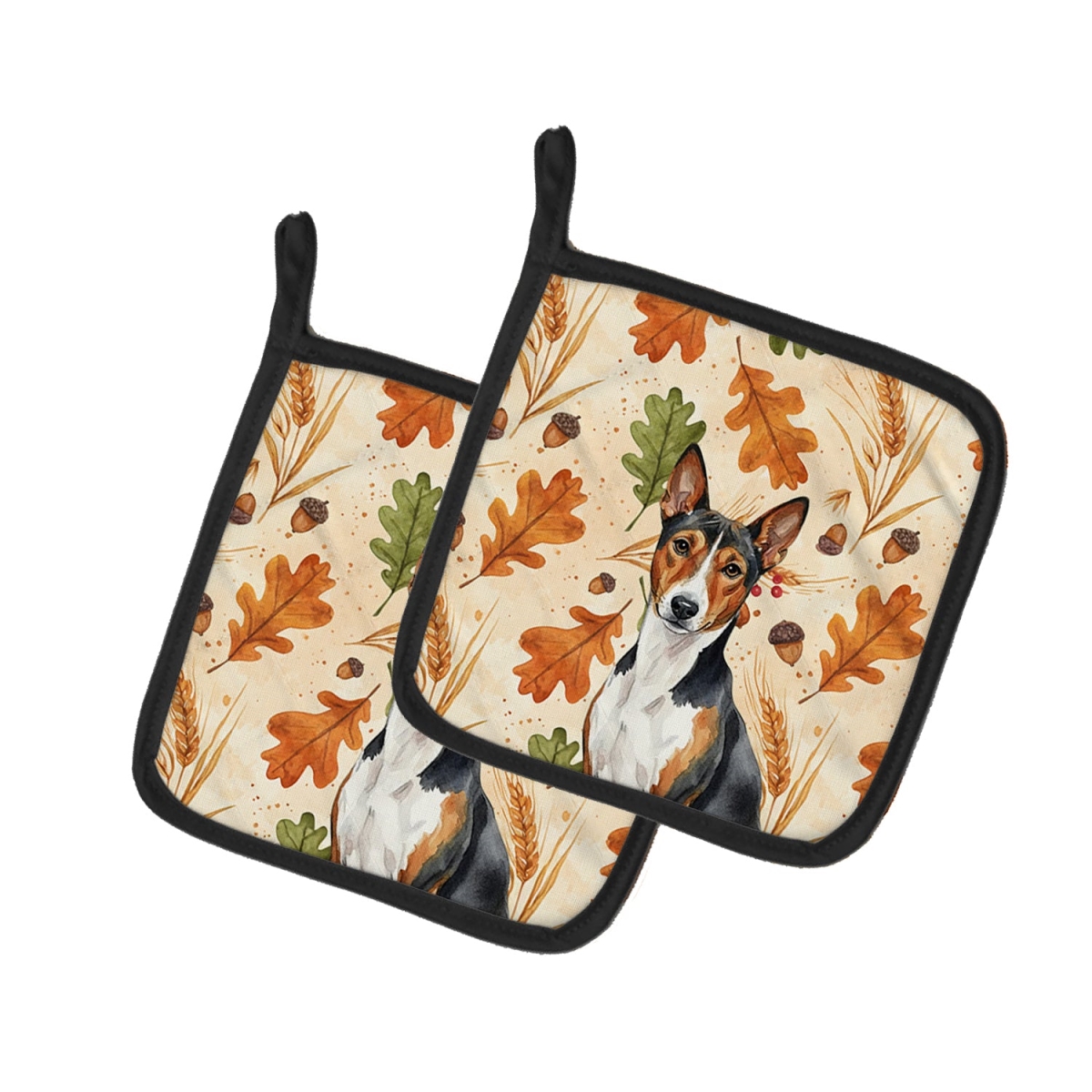Picture of Carolines Treasures WDK7695PTHD 7.5 x 7.5 in. Tricolor & White Basenji Heirloom Fall Pair of Pot Holders