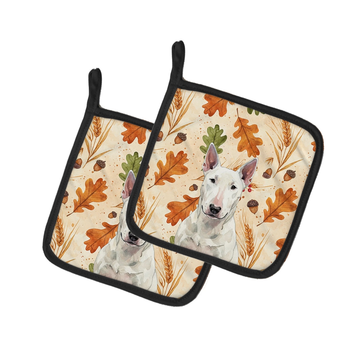 Picture of Carolines Treasures WDK7752PTHD 7.5 x 7.5 in. White Bull Terrier Heirloom Fall Pair of Pot Holders