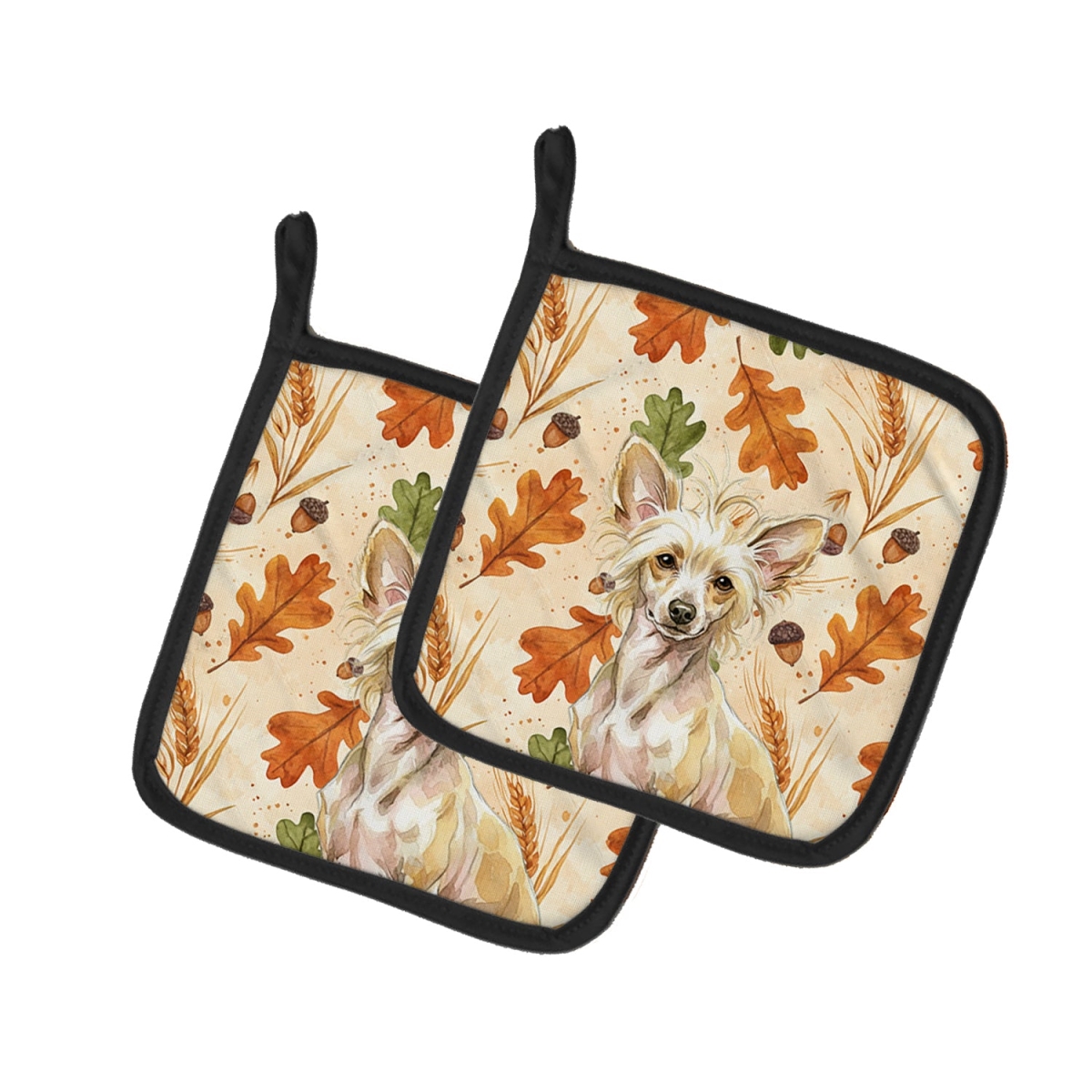 Picture of Carolines Treasures WDK7775PTHD 7.5 x 7.5 in. Hairless Palomino Chinese Crested Heirloom Fall Pair of Pot Holders