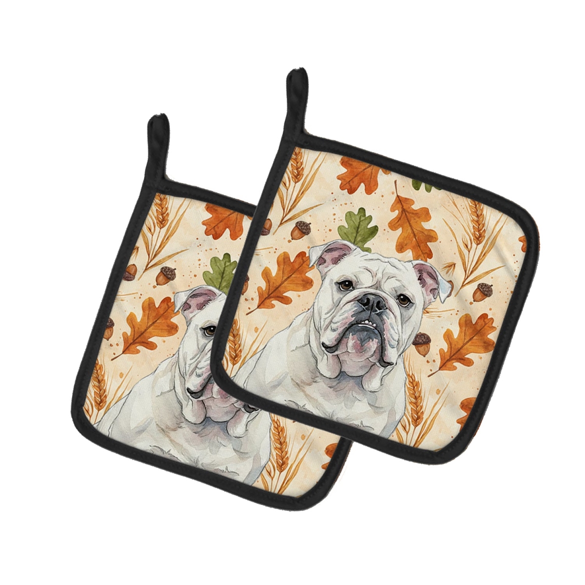 Picture of Carolines Treasures WDK7815PTHD 7.5 x 7.5 in. White English Bulldog Heirloom Fall Pair of Pot Holders