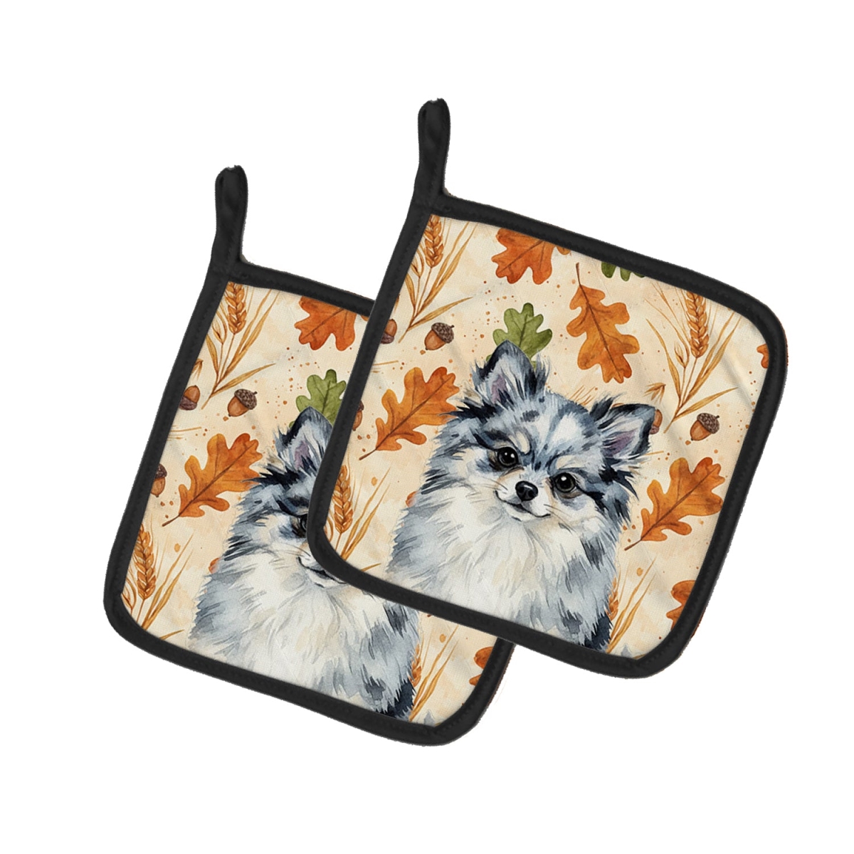 Picture of Carolines Treasures WDK7960PTHD 7.5 x 7.5 in. Blue Merle Pomeranian Heirloom Fall Pair of Pot Holders