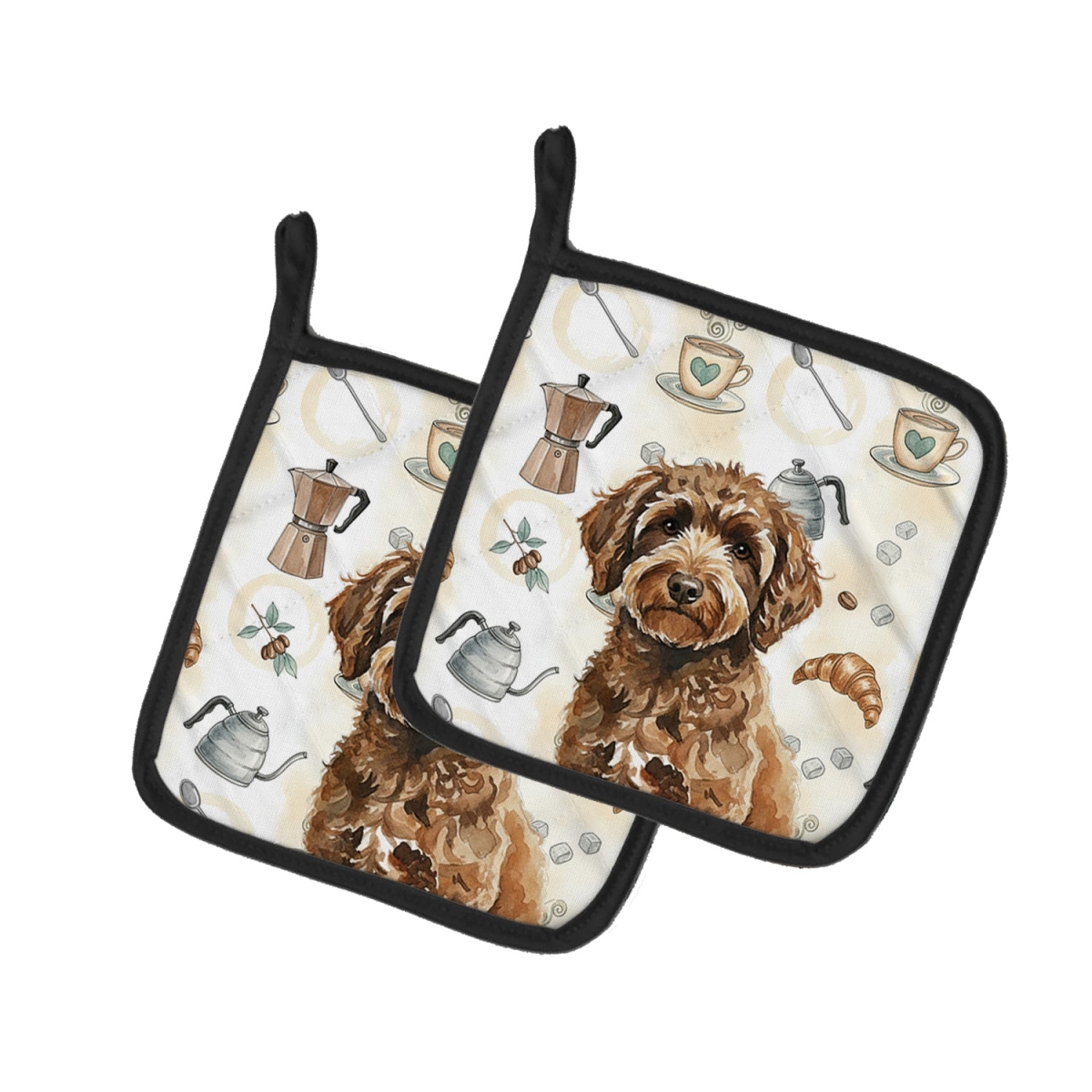 Picture of Carolines Treasures WDK7626PTHD 7.5 x 7.5 in. Spanish Water Dog Coffee Bar Pair of Pot Holders