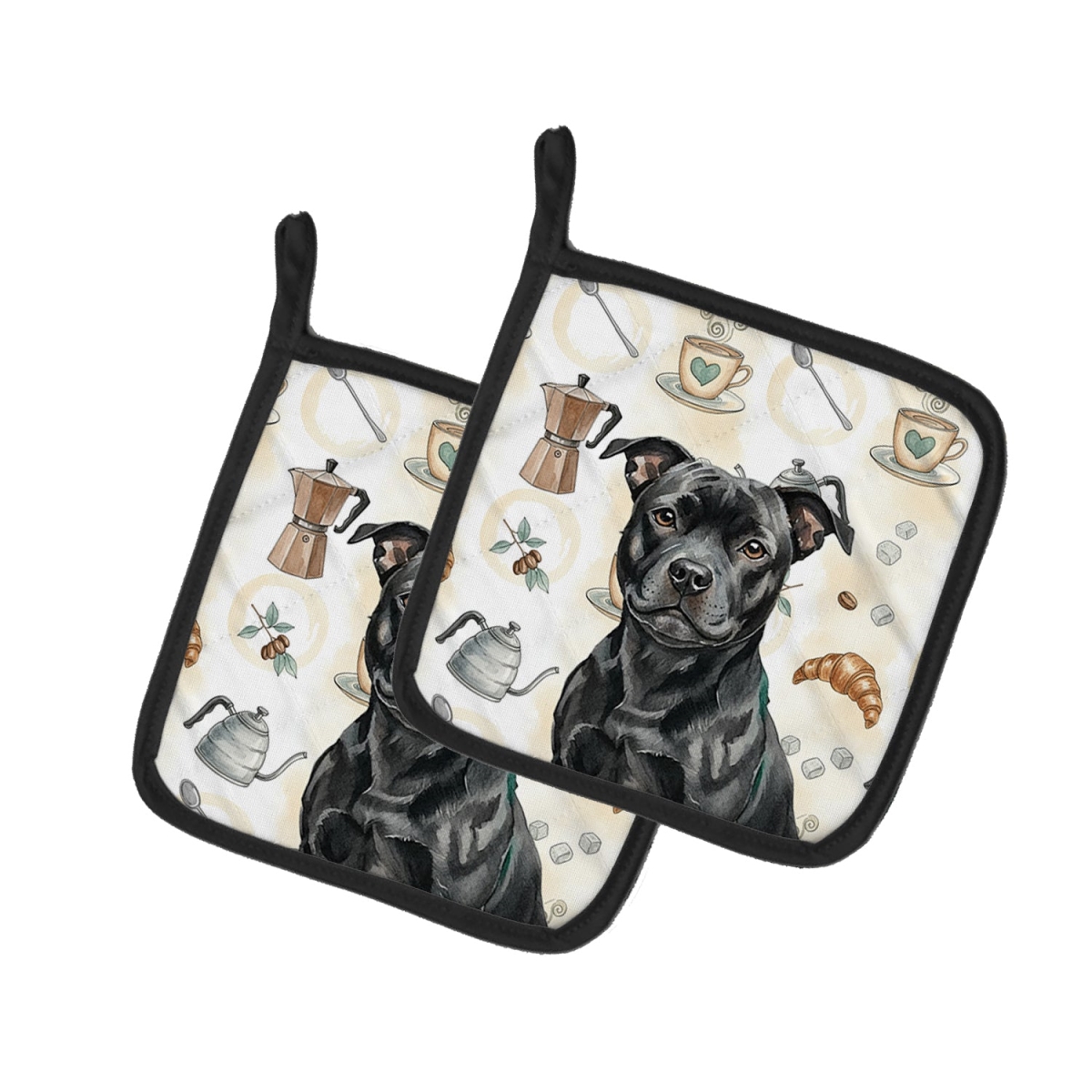 Picture of Carolines Treasures WDK7628PTHD 7.5 x 7.5 in. Black Staffordshire Bull Terrier Coffee Bar Pair of Pot Holders